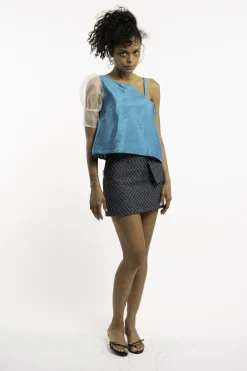 MaisonCléo Tops>Top en soie sauvage et organza bleu turquoise