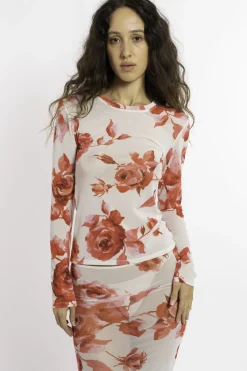 MaisonCléo Tops>T-shirt manches longues en mesh motif roses