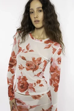 MaisonCléo Tops>T-shirt manches longues en mesh motif roses