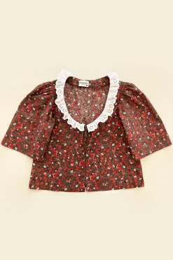 MaisonCléo Blouses>VALENTINES – Blouse AGNES en coton roses rouges et broderie anglaise