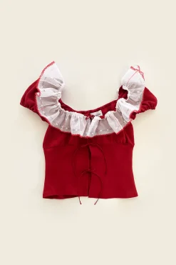 MaisonCléo Blouses>VALENTINES – Blouse MALYA en soie rouge profond et grand voilage brodé