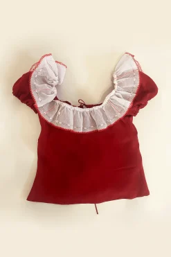MaisonCléo Blouses>VALENTINES – Blouse MALYA en soie rouge profond et grand voilage brodé