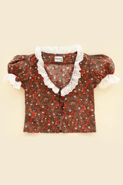 MaisonCléo Blouses|Tops>VALENTINES – Blouse VANESSA en coton roses rouges et broderie anglaise