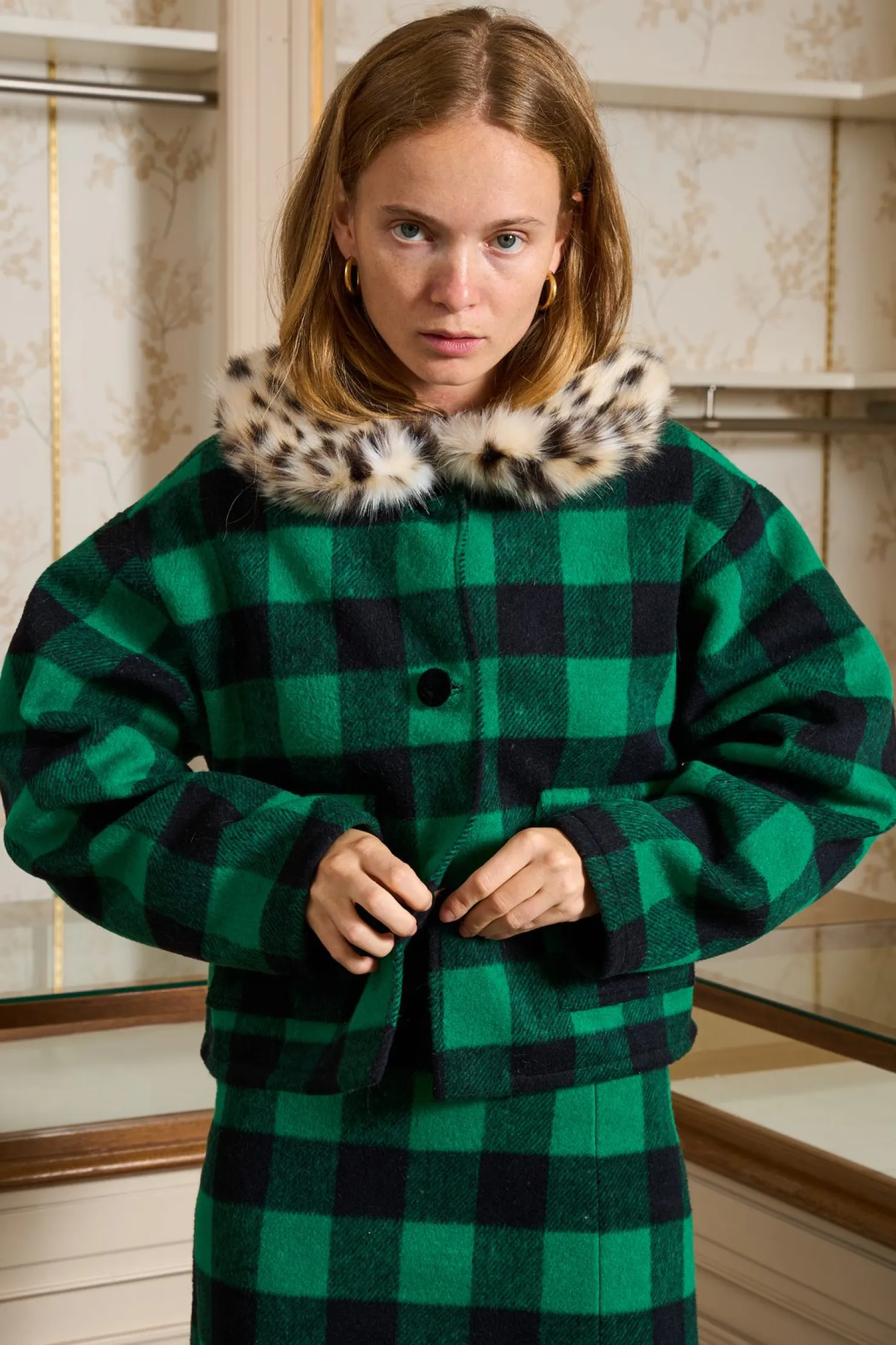 MaisonCléo Vestes / Manteaux>Veste à carreaux vert en laine col leopard ESTELLE