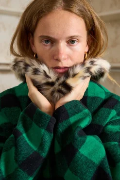 MaisonCléo Vestes / Manteaux>Veste à carreaux vert en laine col leopard ESTELLE