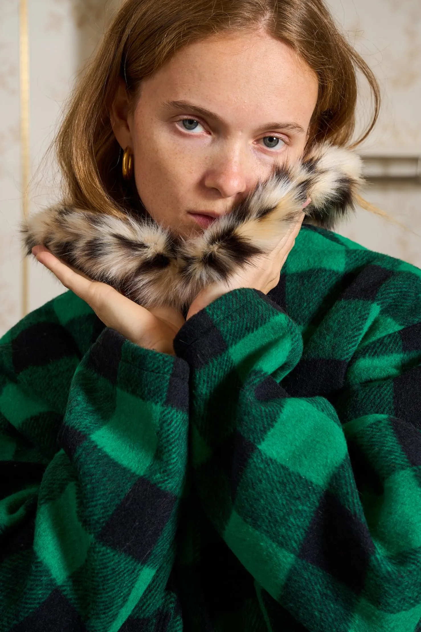 MaisonCléo Vestes / Manteaux>Veste à carreaux vert en laine col leopard ESTELLE