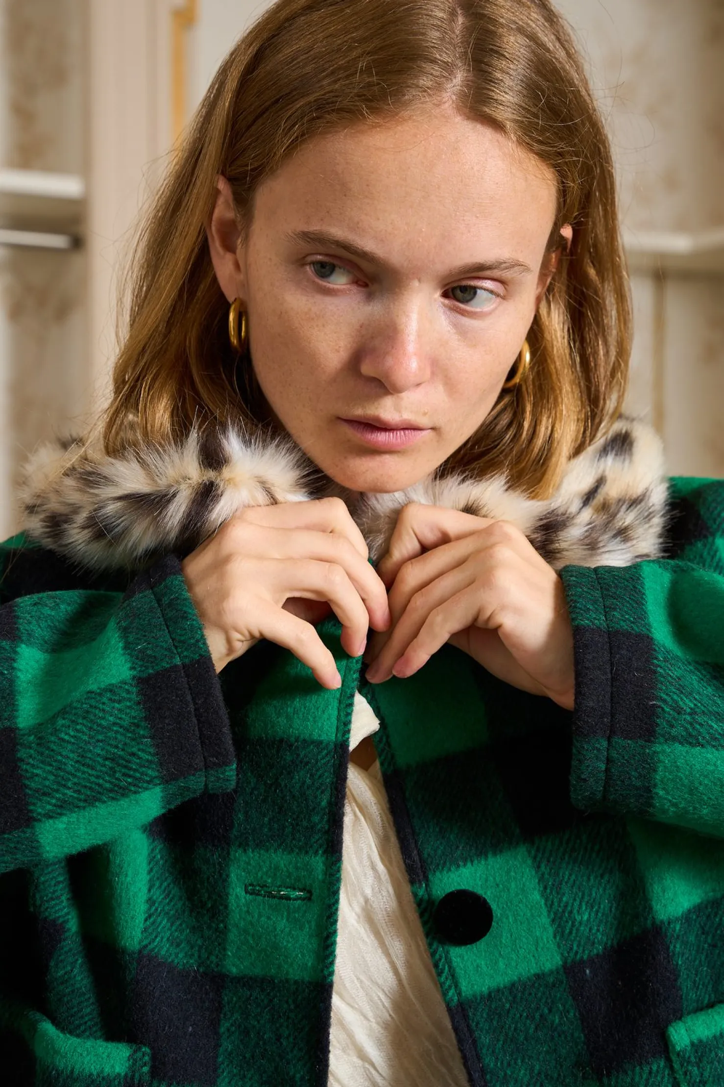MaisonCléo Vestes / Manteaux>Veste à carreaux vert en laine col leopard ESTELLE