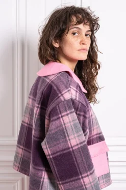 MaisonCléo Vestes / Manteaux>Veste en laine à carreaux violets et roses OANA