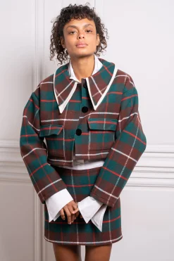 MaisonCléo Vestes / Manteaux>Veste en laine à carreaux verts plaid OANA