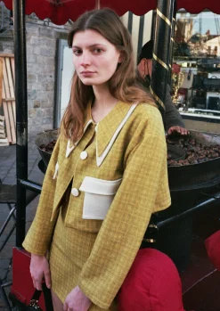 MaisonCléo Vestes / Manteaux>Veste en laine à carreaux moutardes OANA