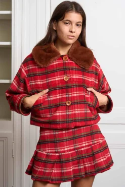 MaisonCléo Vestes / Manteaux>Veste IVONA en laine tartan rouge et col fausse fourrure marron